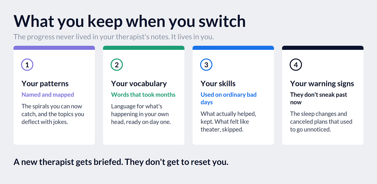 What you keep when you switch therapists: your patterns, your vocabulary, your skills, and your warning signs all transfer.